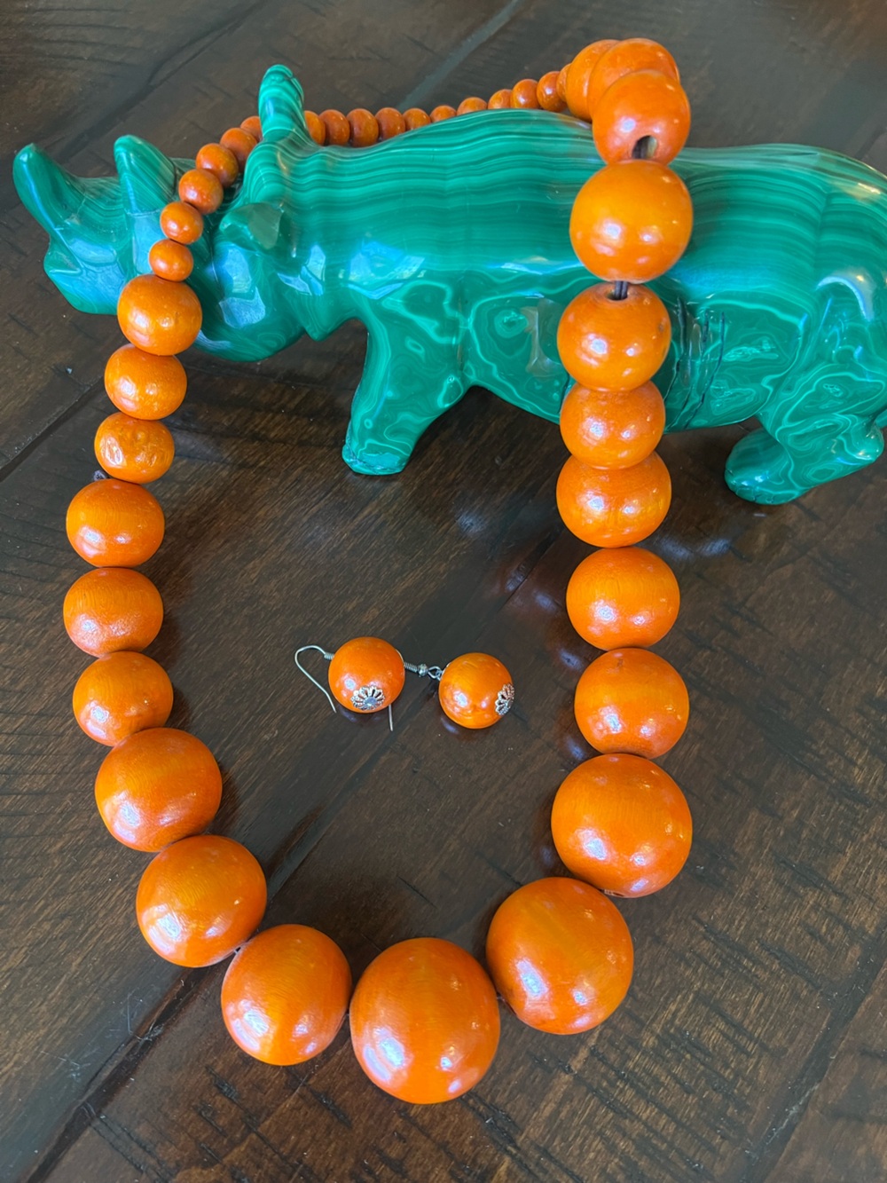 Handcrafted Botswana Orange Wood Bead Necklace & Earrings Set Statement Jewelry